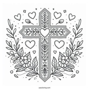 Cross Coloring Page With Love Hearts And Floral Details