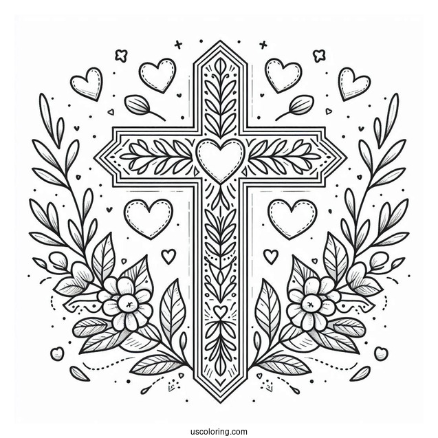 Cross Coloring Page With Love Hearts And Floral Details