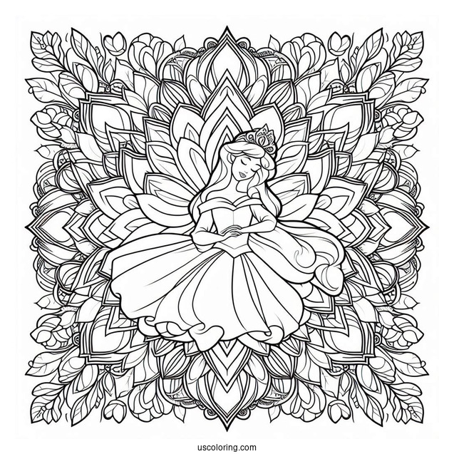 Sleeping Beauty Coloring Page Of Princess Aurora At The Center Of A Flower Mandala