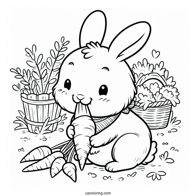 Rabbit Coloring Page Chewing On Carrots While Harvesting In A Farm