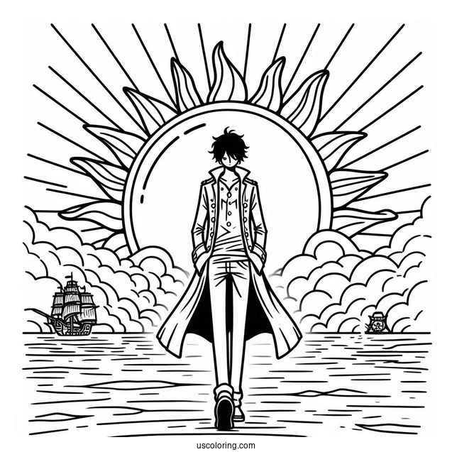 One Piece Coloring Page Of Portgas D. Ace In Front Of Sun