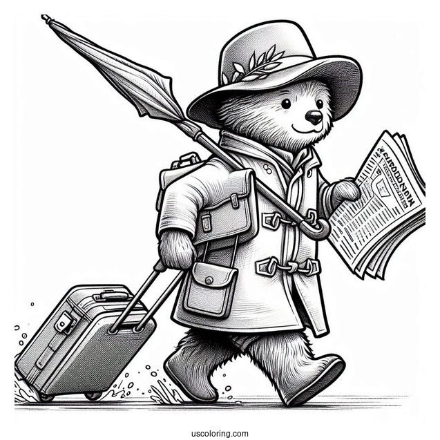 Paddington Coloring Page Rushing In London With His Newspaper, Umbrella, And Suitcase