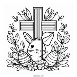 Easter Cross Coloring Page With Bunny Ears And Eggs For Preschoolers