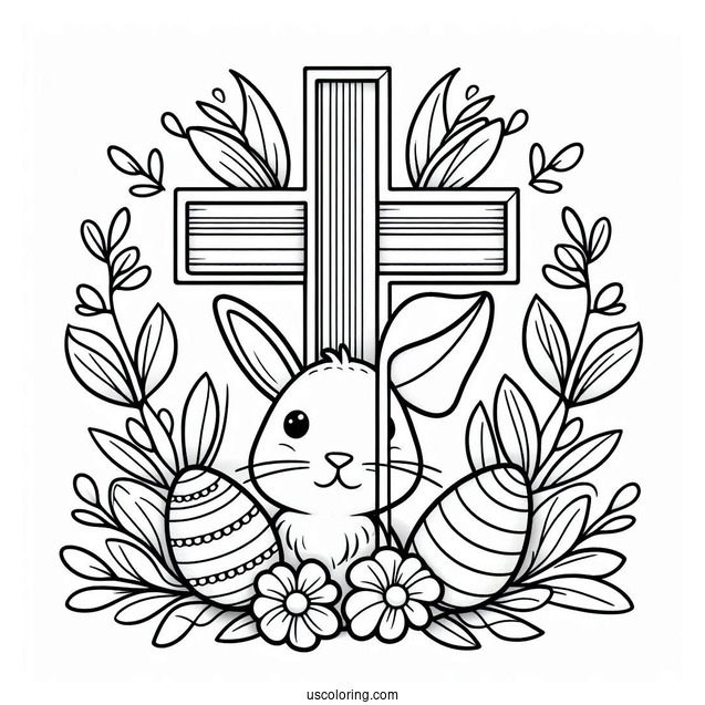Easter Cross Coloring Page With Bunny Ears And Eggs For Preschoolers