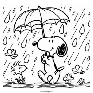 Snoopy And Woodstock Walking Under The Rain Coloring Page