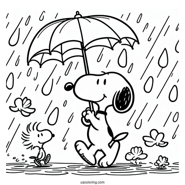 Snoopy And Woodstock Walking Under The Rain Coloring Page