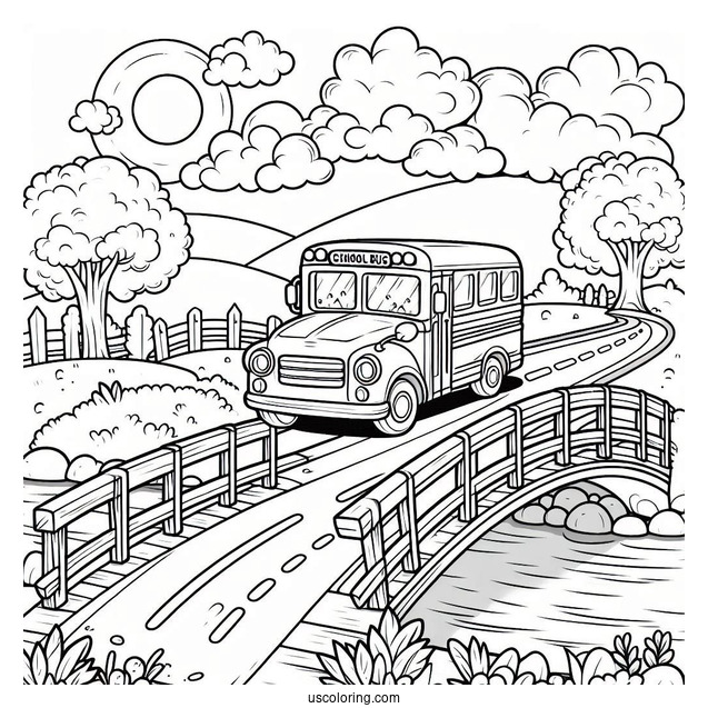 Cute School Bus Coloring Page Crossing A Small Bridge
