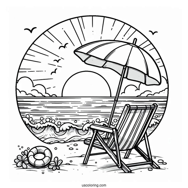 Beach Coloring Page Chair And Umbrella Facing The Sea
