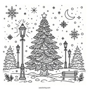 Christmas Tree In The Snow With Lamp Posts