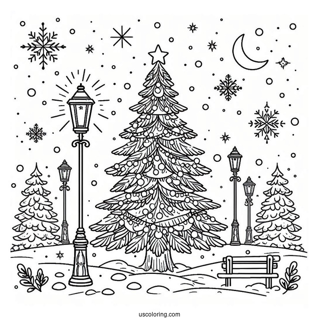 Christmas Tree In The Snow With Lamp Posts