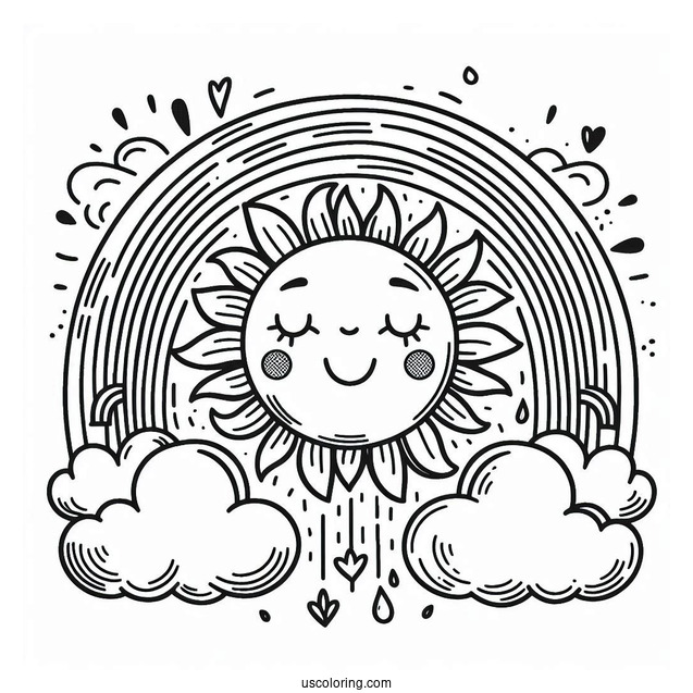 Large Sun With Rainbow And Clouds To Color