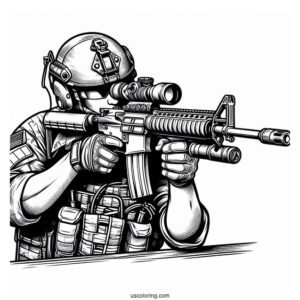 Soldier Coloring Page With Rifle Getting Ready To Shoot