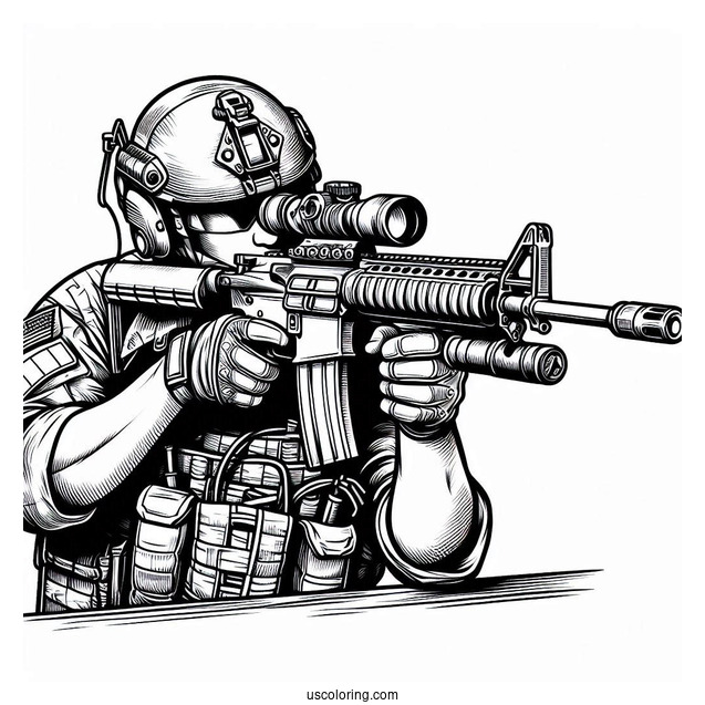 Soldier Coloring Page With Rifle Getting Ready To Shoot