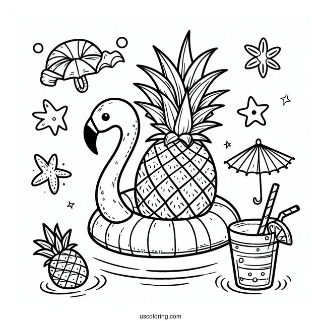 Cartoon Pineapple In A Flamingo Floatie Summer Coloring Page For Kids