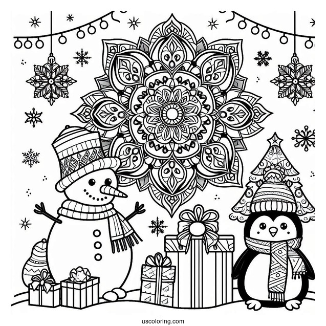 Snowman, Penguin, And Presents In Front Of Christmas Mandala Coloring Page