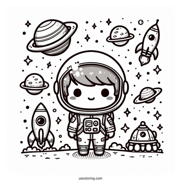 Outer Space Journey with a Chibi Coloring Page Astronaut and Rocket Ships