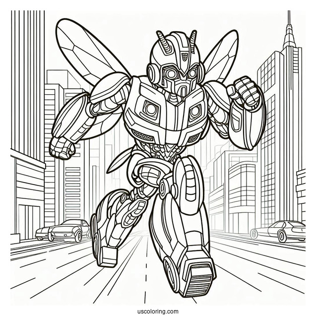 Autobot Bumblebee Coloring Page Running In The City