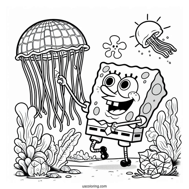 SpongeBob Catching Jellyfish With Net To Color