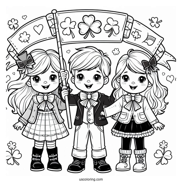 Three Children Holding Up A St. Patrick's Day Coloring Page Banner