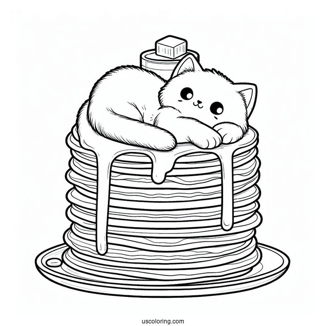Cat Resting On Top Of Pancake Coloring Page Tower With Melting Butter For Preschoolers