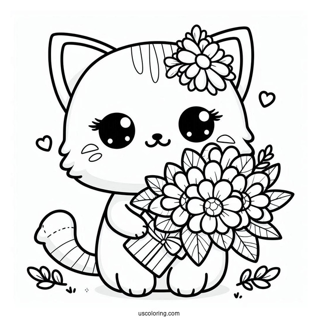 Kawaii Cat Holding A Flower Bouquet Coloring Sheet