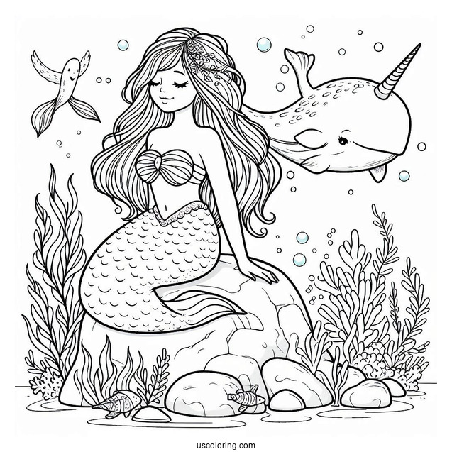 Mermaid Sitting On A Rock With Narwhal Coloring Page Underwater