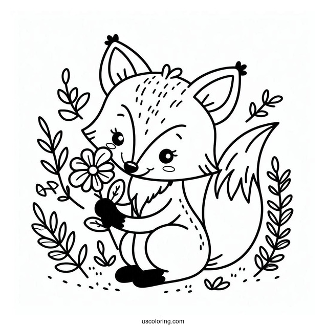 Fox Holding A Flower Plot Coloring Sheet