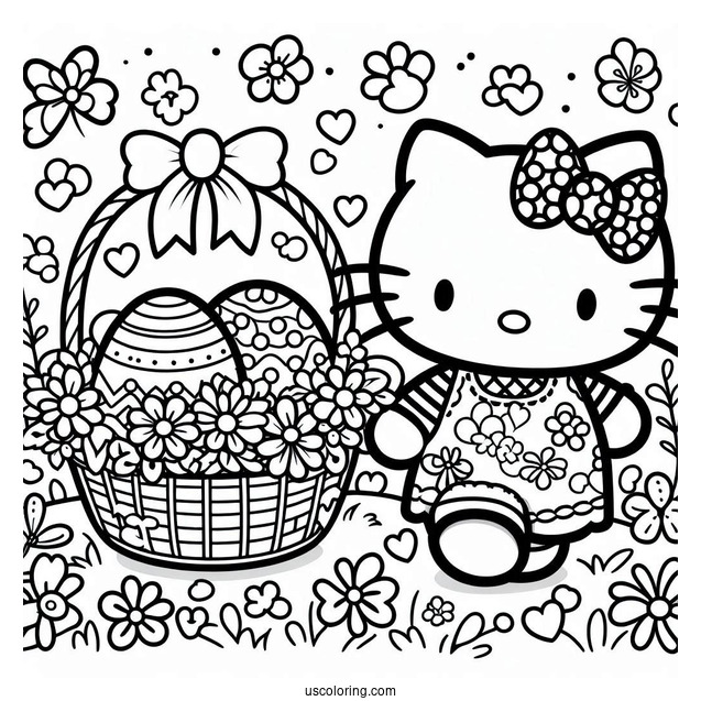 Easter Coloring Page Of Easy Hello Kitty Walking With Basket Of Easter Eggs
