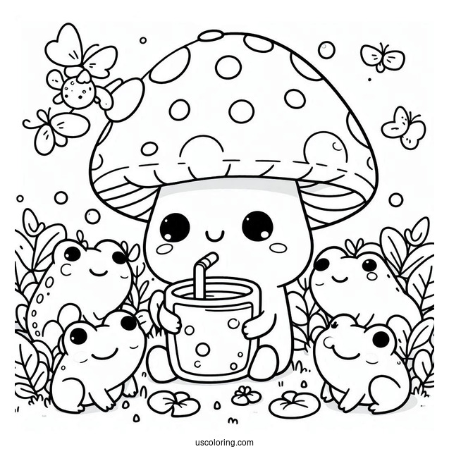 Cute Coloring Page Of Cartoon Mushroom Drinking While Surrounded By Frogs