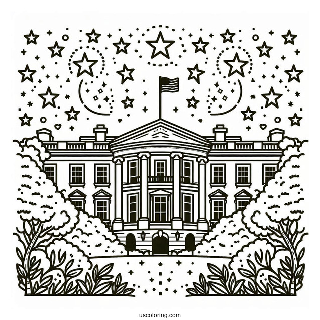 President Coloring Page Of Simple White House Outline Surrounded By Stars For Kids