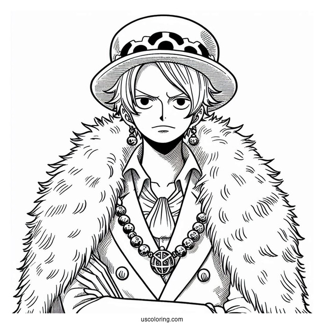 One Piece Coloring Page Of Trafalgar D. Water Law Wearing Fur Coat And Jewelry
