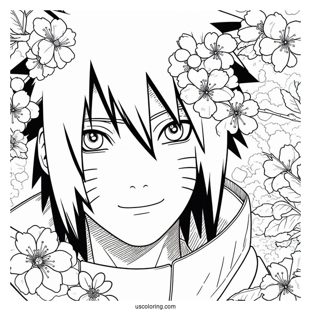 Uchiha Sasuke Coloring Page Smiling At Cherry Blossoms