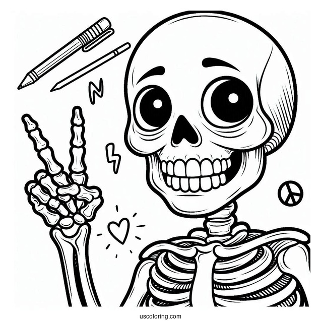 Smiling Skeleton Coloring Page Doing Peace Sign
