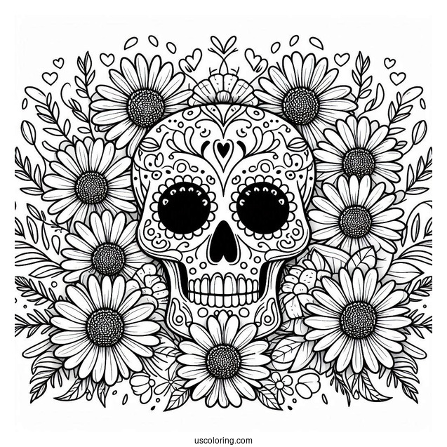 Sugar Skulls Coloring Page Surrounded By Daisies And Leaves