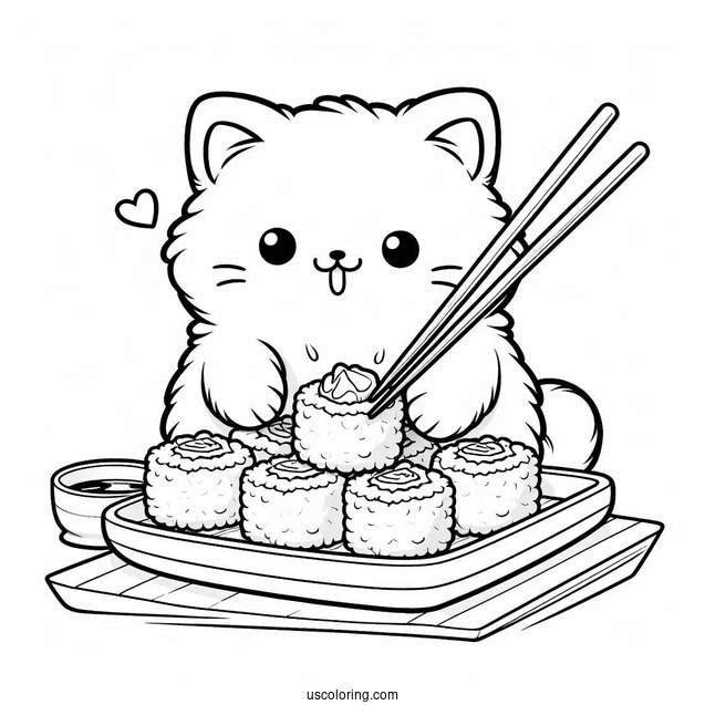 Fluffy Cat Eating Sushi Coloring Pages With Chopsticks For Kids