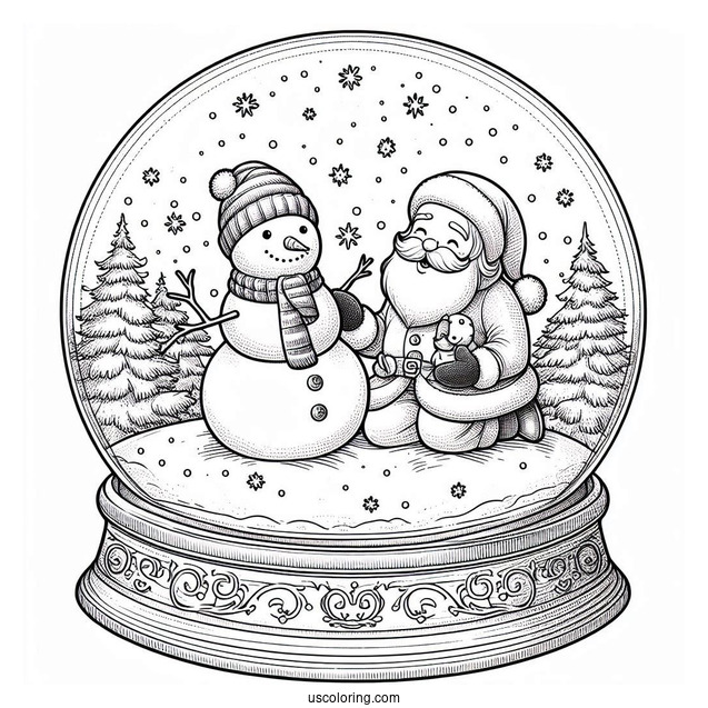 Santa And Snowman Snow Globe Coloring Page For Kids