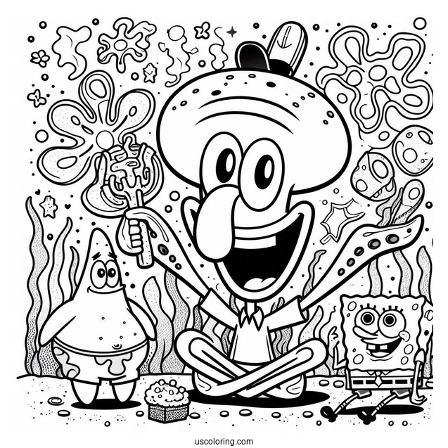 Detailed Squidward Coloring Page With SpongeBob And Patrick Star