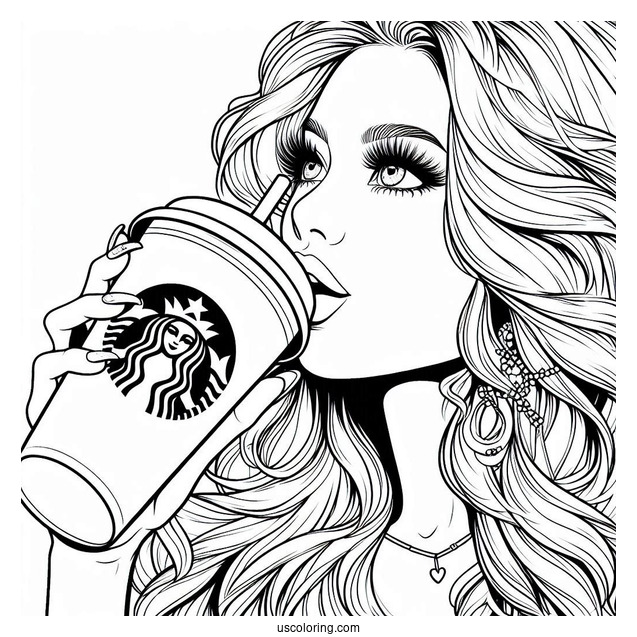 Woman Drinking From A Massive Starbucks Coloring Page Of Cup