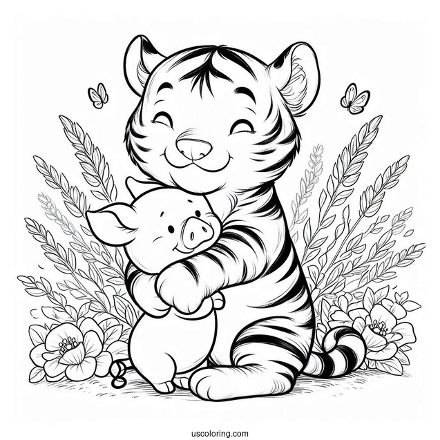 Tiger Hugging Piglet Coloring Page