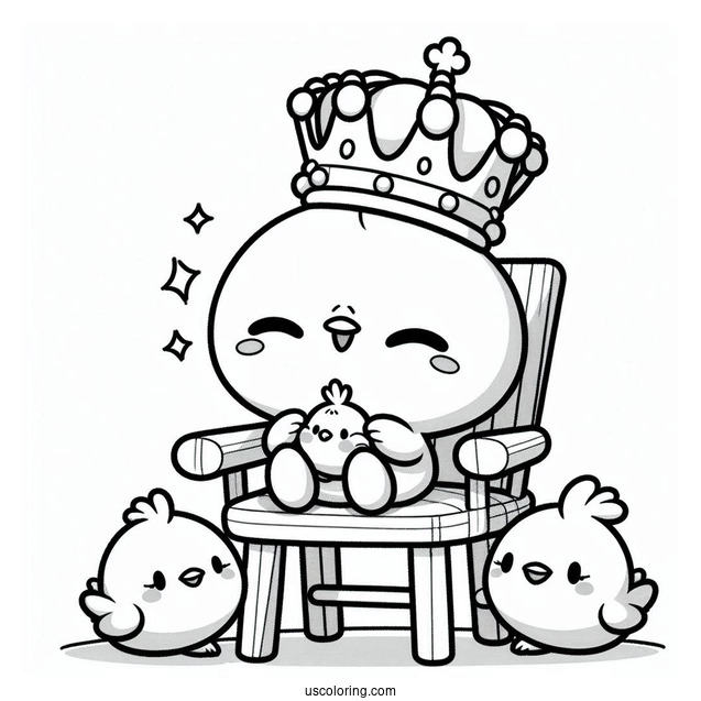 Pochacco Coloring Page Wearing Crown While Sitting On Chair With Choppy And Chicks