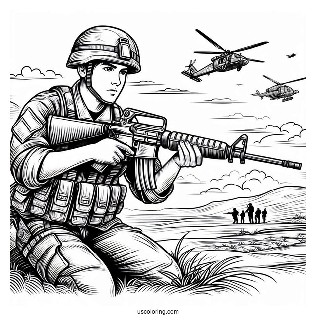 Soldier Coloring Page With Rifle Getting Ready To Shoot