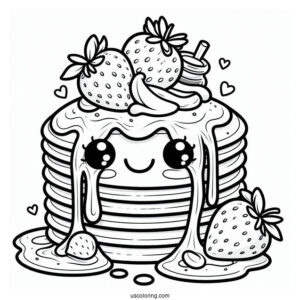Cartoon Pancake Coloring Page With Overflowing Syrup And Strawberries For Kids