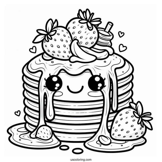 Cartoon Pancake Coloring Page With Overflowing Syrup And Strawberries For Kids