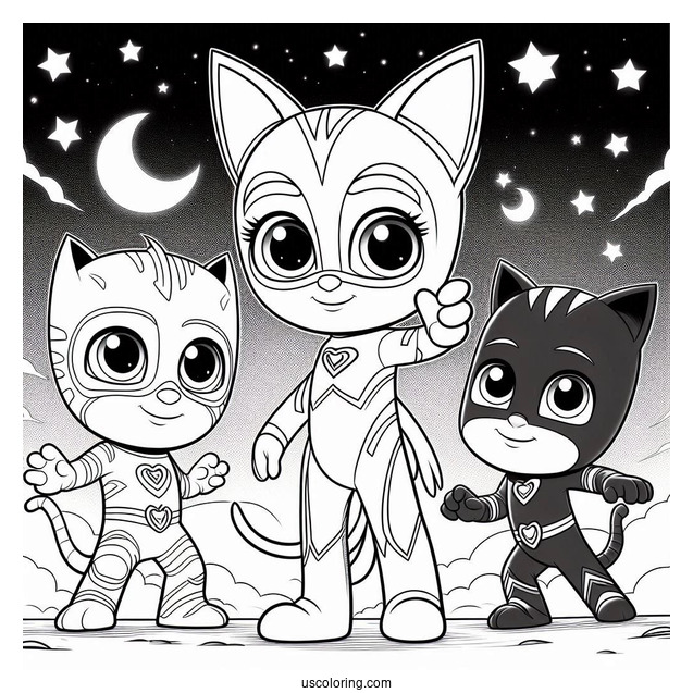 PJ Masks Coloring Page Of Gekko, Catboy, And Owelette In The Night Sky