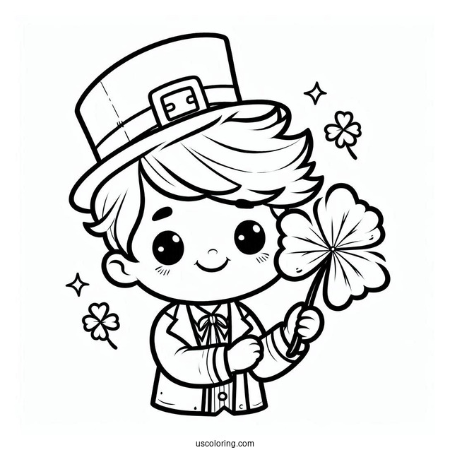 Smiling St. Patrick's Day Coloring Page Holding A Shamrock For Kids