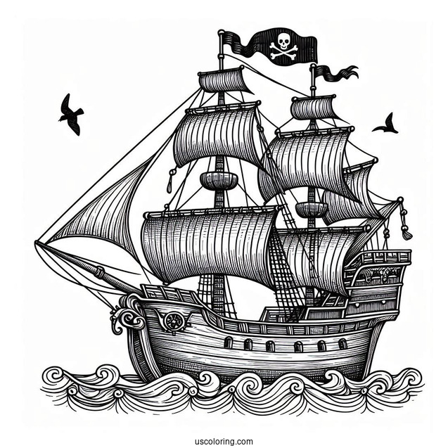 Simple Pirate Ship With Crows Nest To Color
