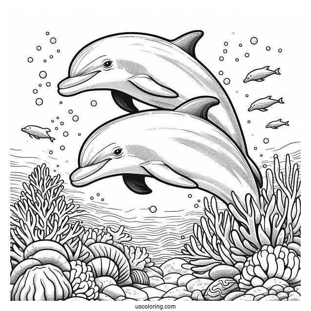 Two Dolphins Swimming On Reef Coloring Page
