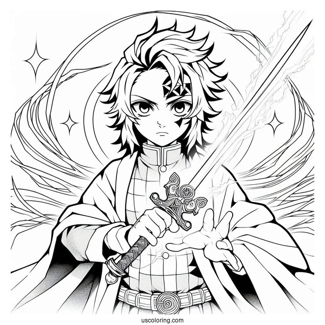 Powerful Tanjiro Coloring Page Summoning Constant Flux With Nichirin Sword