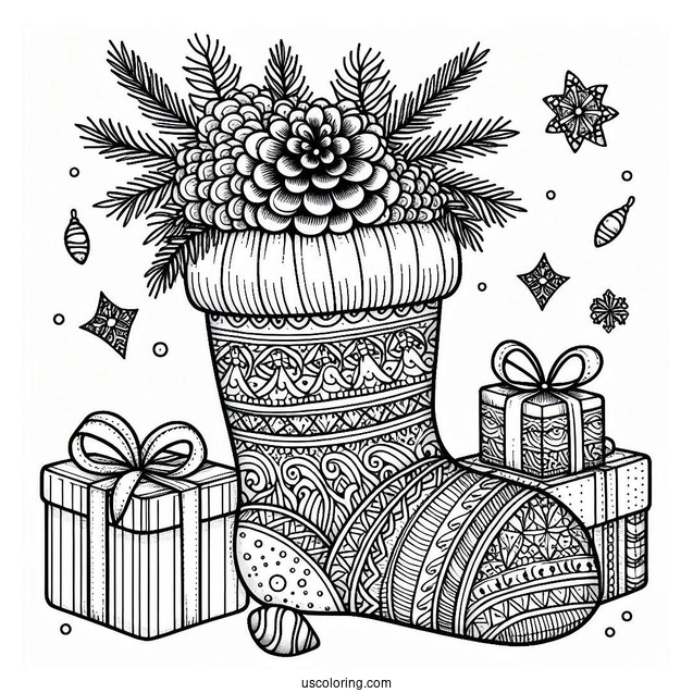 Christmas Coloring Pages For Adults Of Intricate Christmas Stocking Zentangle With Presents Inside