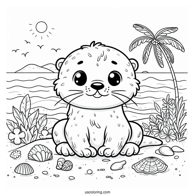 Cute Cartoon Otter Coloring Page On The Beach For Preschoolers